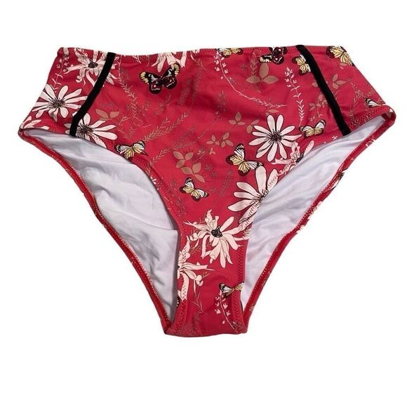 Cupshe Womens High Waist Bikini Bottom XXL Pink Black Floral Moderate Coverage - Picture 1 of 6